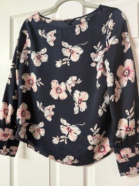 Ann Taylor Navy Floral Blouse with Pink Accents